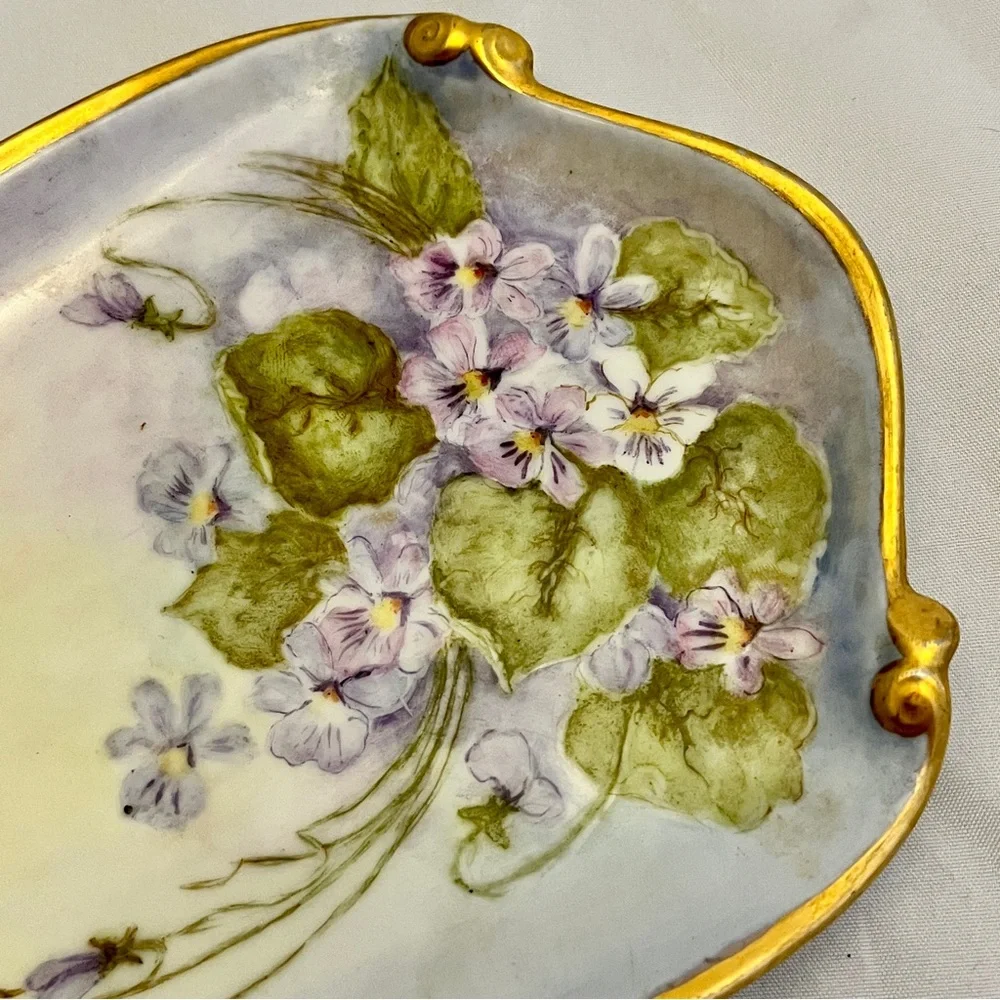 Vanity Dish w/ Violets Floral Hand-Painted & Signed by B. Phillippe, VTG EUC